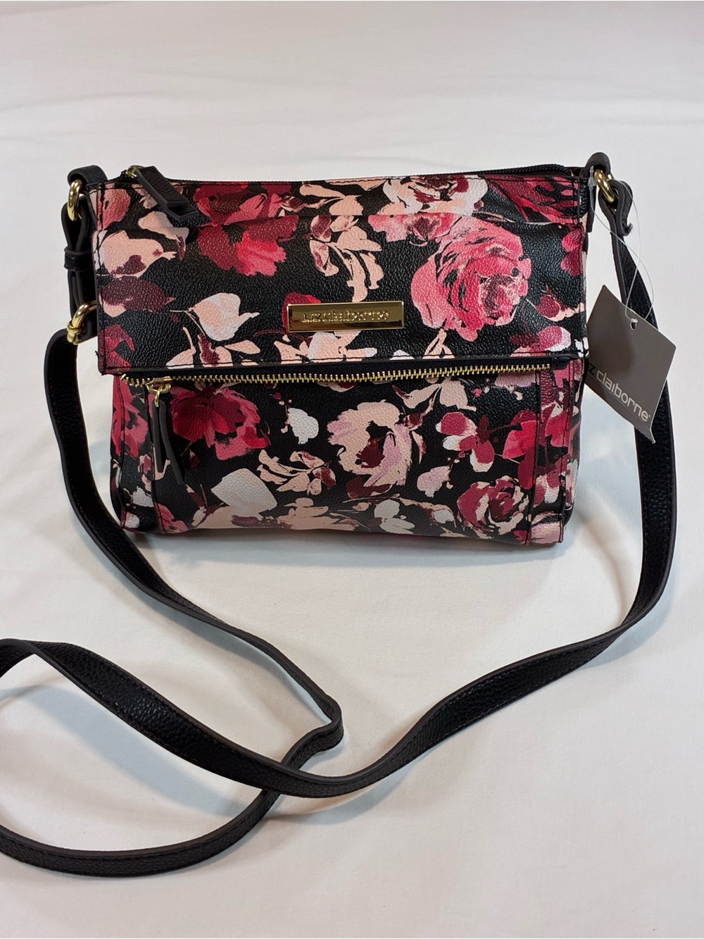Liz Claiborne Black Floral Crossbody with Pink Accents